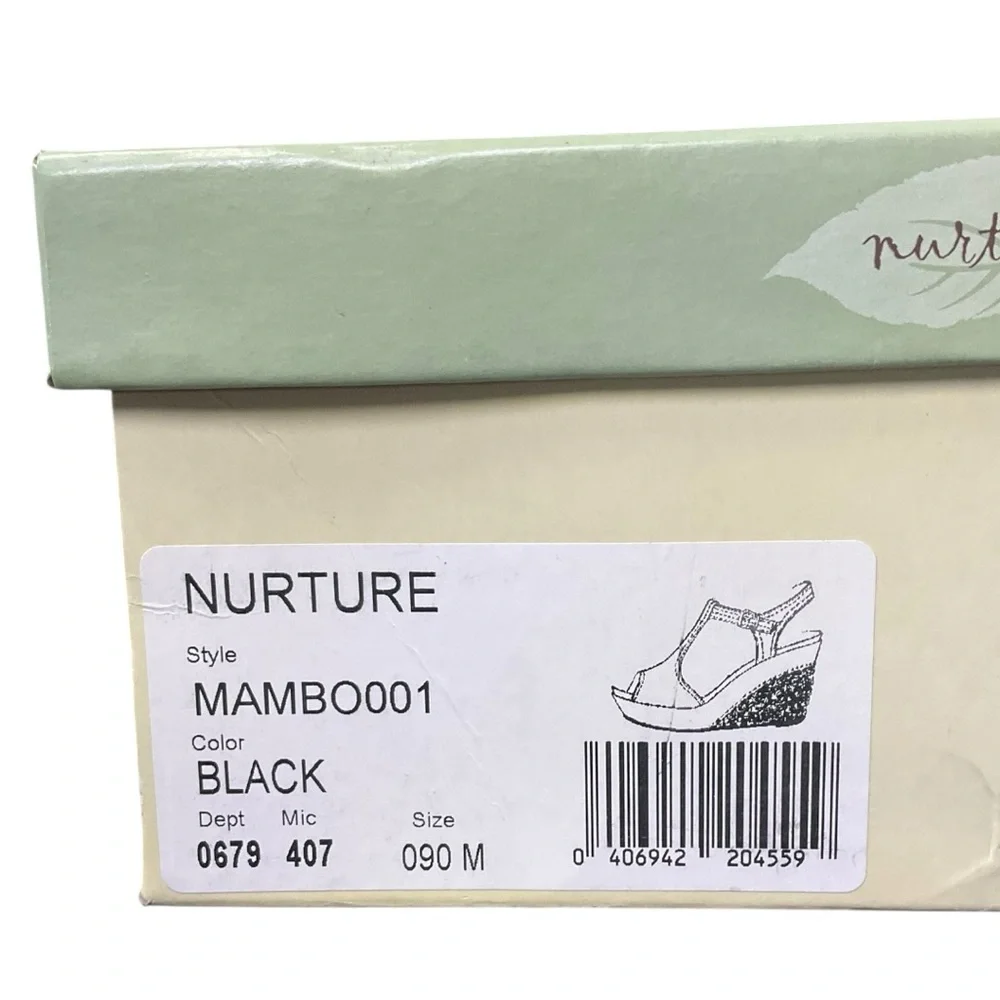 🌿 Nurture Women’s 9M Black Leather Espadrille Wedge Sandal Platform Heel NIB‎